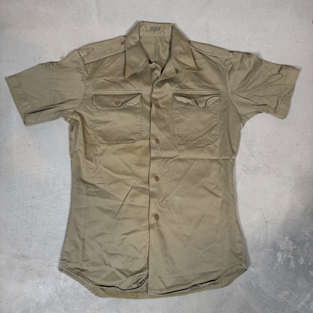 Vintage 60s US Military Khaki Cotton Short Sleeve Utility Shirt M vietnam era